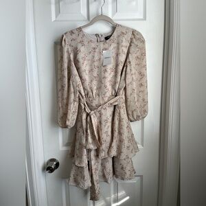 Forever 21 Cream Floral Tiered Long-Sleeve Dress with Waist Tie